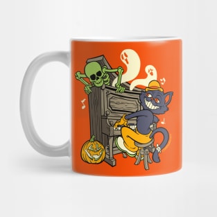 Black Cat Pianist and Halloween Ghouls Mug